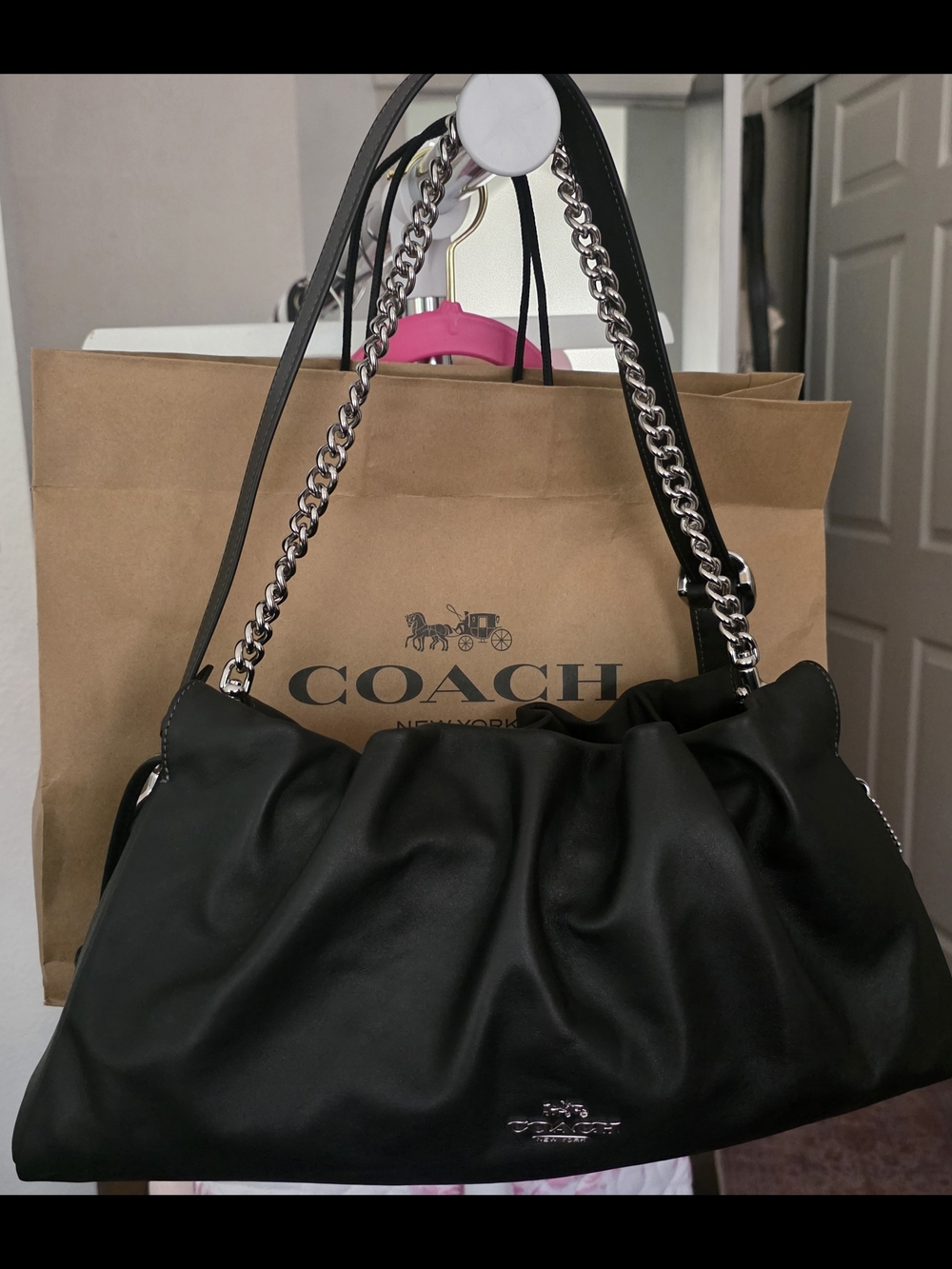 Coach Black Leather Shoulder Bag with Silver Chain Straps